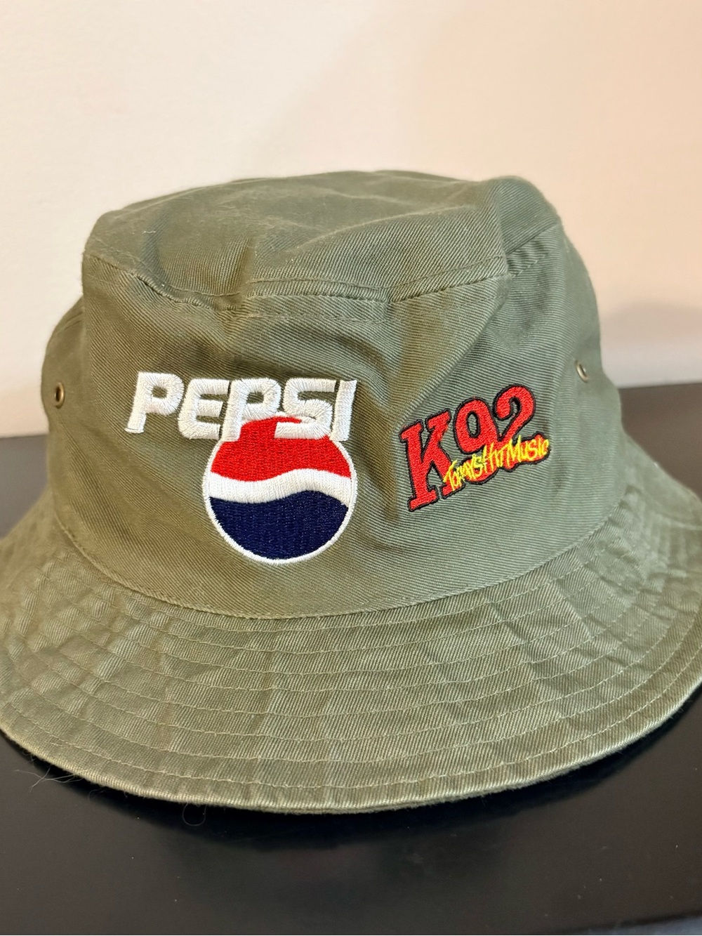 Vintage Pepsi Olive Bucket Hat with Red & Blue Logo